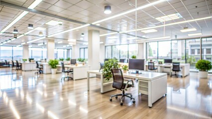 White Office Interior Blur: A blurred background of a spacious white open space office interior, creating a clean and modern backdrop.	
