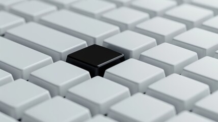 Black key on a keyboard of white keys, tech setting, high contrast,