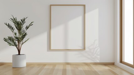 Fototapeta premium Empty frame in minimalist hallway, clean white walls, simple decor, wooden floor, natural lighting