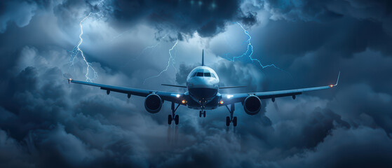 Commercial airplane flying through a storm, dark clouds, lightning in the background, intense atmosphere,