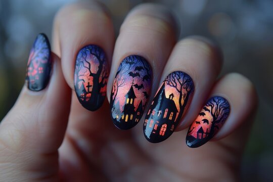 Halloween Nail Art with a Spooky Silhouette of a Haunted House