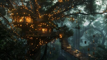 Jungle treehouse at dusk, fairy lights, fantasy digital art, enchanting and secluded