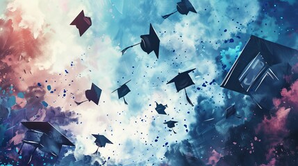 High school graduation day, caps thrown in the air, celebratory, digital watercolor, milestone achievement