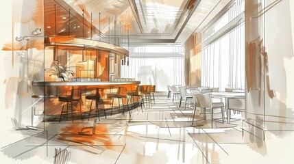 Fine dining restaurant with a modern minimalist decor, sophisticated and sleek, digital sketch, elegant cuisine