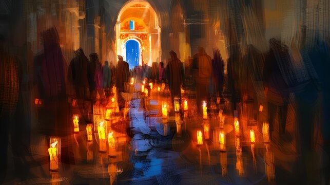 Greek Orthodox Easter candlelight procession, sacred and bright, digital sketch, religious observance