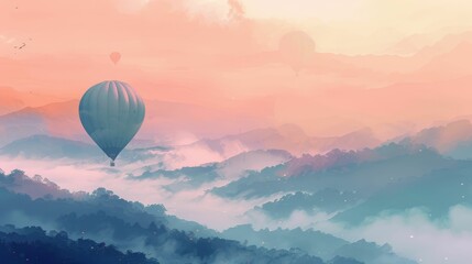 Fototapeta premium Early morning balloon flight over a misty valley, pastel tones, digital painting, tranquil exploration