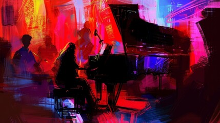Dueling pianos event at a nightclub, interactive and lively, vibrant sketch, musical battle