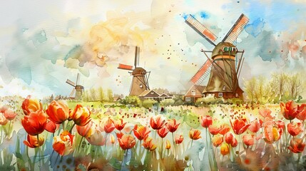 Dutch tulip festival with windmills, colorful and scenic, watercolor, national symbol and tradition