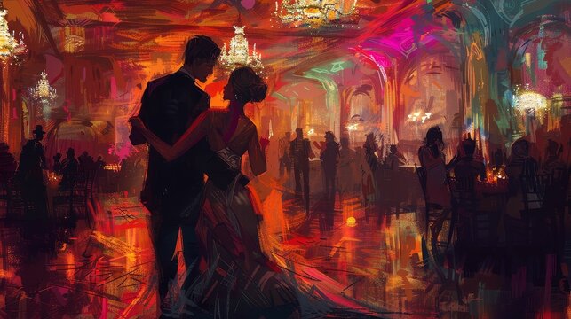 Elegant ballroom dancing in a grand nightclub, classic and glamorous, digital oil painting, refined nightlife