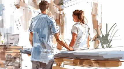 Chiropractic session at a medical spa, educational and precise, digital sketch, back health focus