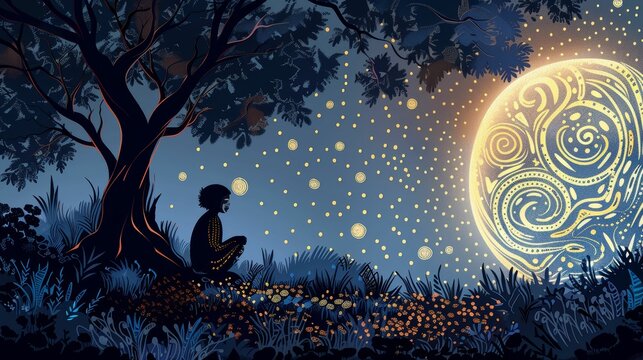 Australian Aboriginal storytelling under the stars, dreamtime paintings, digital illustration, ancestral narratives