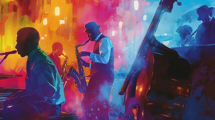 A jazz band playing in a smoky bar, vibrant colors, vintage illustration, music and culture