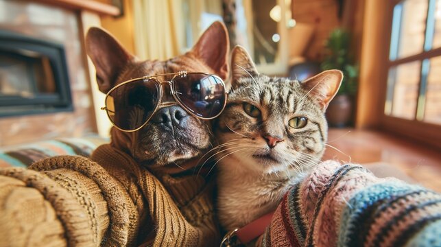 Adorable Dog and Cat Posing Together in Clothes for a Selfie, Featured on Social Media in High-Definition
