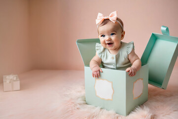 A baby sits smiling in a box in a pastel nursery, photography, ultra-fine details, with copy space for text.
