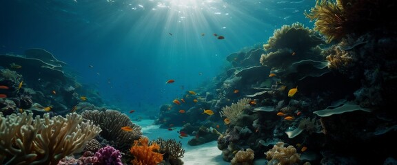 Fototapeta premium Underwater scene sunlight rays penetrating the surface illuminat