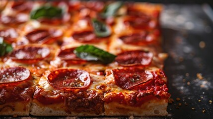 Selective focus on dark backdrop featuring Detroit style pizza