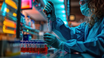 Fototapeta premium A woman in a lab coat is wearing gloves and a mask while working with a pipette