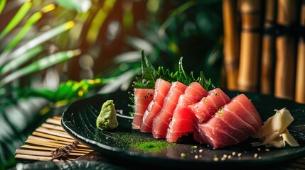 Fresh Tuna Sashimi on Black Plate with Green Mustard and Tropical Bamboo Palm Leaf Background, Highlighting Vibrant Colors and Exquisite Presentation