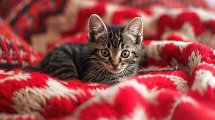 Valentine s Day kitten plays on heart covered blanket Domestic pet love