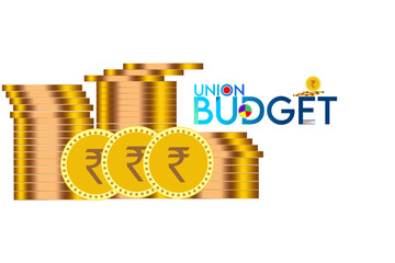 Indian Union Budget, India economy, finance icon, Indian rupee coin with Indian map vector illustration, typography	