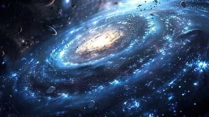 A Stunning Celestialpunk Galaxy in Light Sky-Blue and Light Black with Stars and Spirals, Featuring Three-Dimensional Space and Rim Light Effects