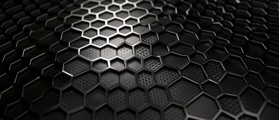 Black stainless steel hexagonal mesh background.