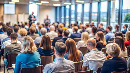 Conference Audience Blur: A blurred background of an audience at a conference or seminar, with rows of seats and people listening attentively.

