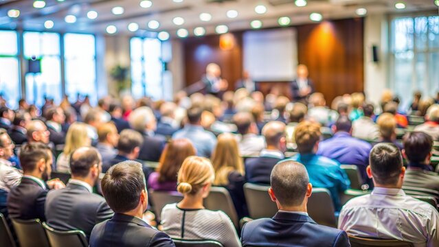 Conference Audience Blur: A blurred background of an audience at a conference or seminar, with rows of seats and people listening attentively.

