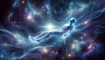 Astral body set against abstract space background. esoteric and spiritual, idea of meditation and its connection to the after life.