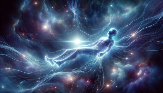 Astral body set against abstract space background. esoteric and spiritual, idea of meditation and its connection to the after life.
