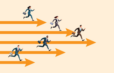 Businessmen and women compete in running on the Arrow Racetrack. Business competition. Compete with competitors to increase sales or win. Concept of comparing the performance of other employees.