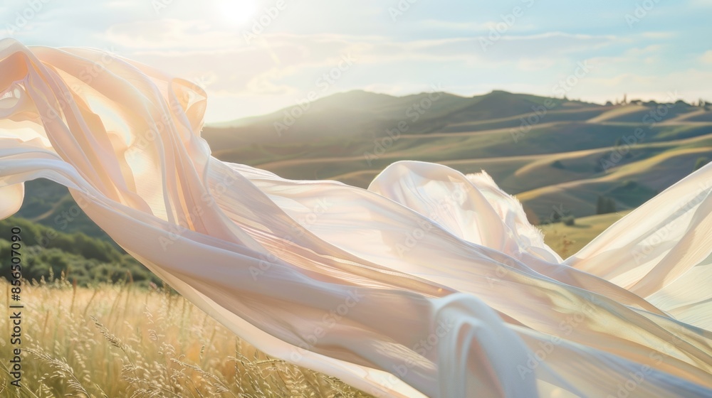 Poster wispy fabrics flutter against the backdrop of rolling hills adding a touch of whimsy to the serene v