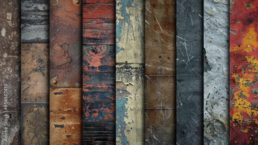 Poster assorted textures and hues in a dynamic composition. rich visual variety.