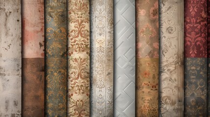 Colorful green and red fabrics adorned with floral motifs. Detailed fabric design.