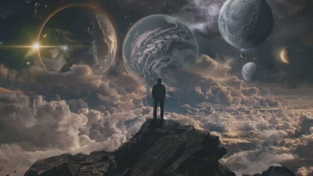 a man standing, looking at a beautiful planet