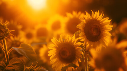 Obraz premium Golden Hour Sunflowers and Bees Buzzing in Warm Light