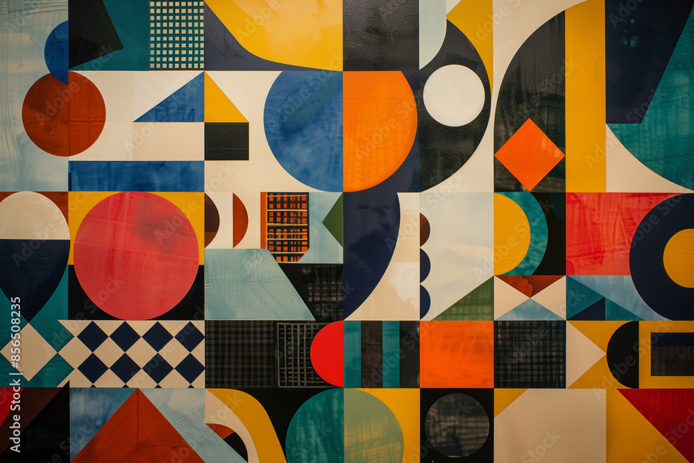 Poster a colorful mosaic of squares and circles. the colors are red, yellow, and blue. the squares and circ