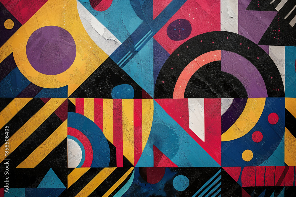 Poster a colorful mosaic of squares and circles. the colors are red, yellow, and blue. the squares and circ