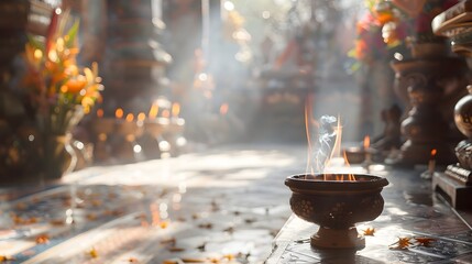 Naklejka premium Blurred View of Buddhist Altar with Burning Incense and Spiritual Offerings