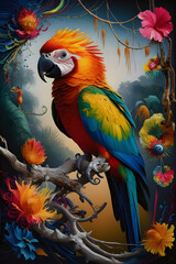 A magnificent oil painting of an exotic and fantastical parrot