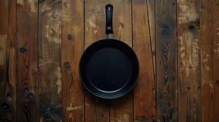 Black pan on wooden surface from above