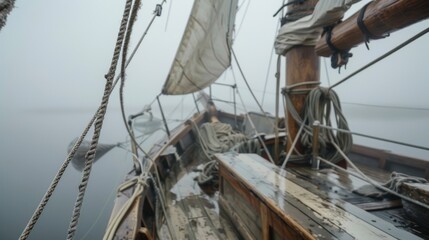 Obraz premium Tattered sails hang limply from the mast the boat resting on the misty dock.