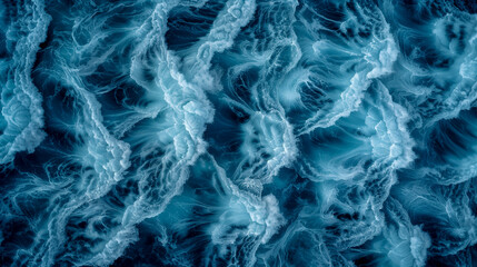 The image is of a body of water with a lot of white foam and bubbles. The water appears to be choppy and rough, with waves crashing against the shore. The foam and bubbles create a sense of movement