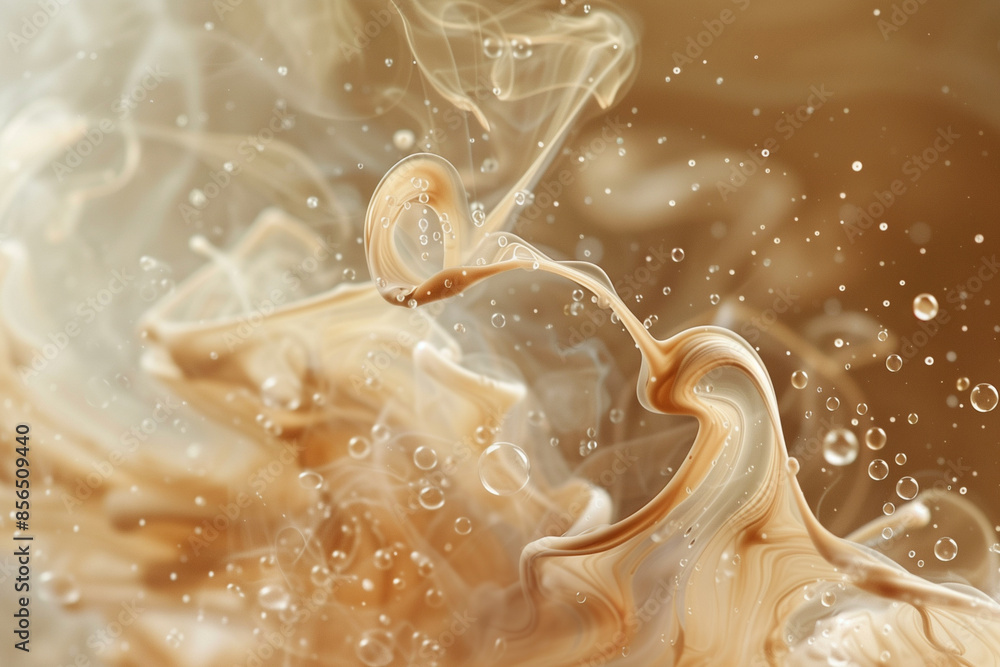 Poster a blurry image of steam and smoke with a swirl of liquid in the middle. the image has a dreamy, ethe