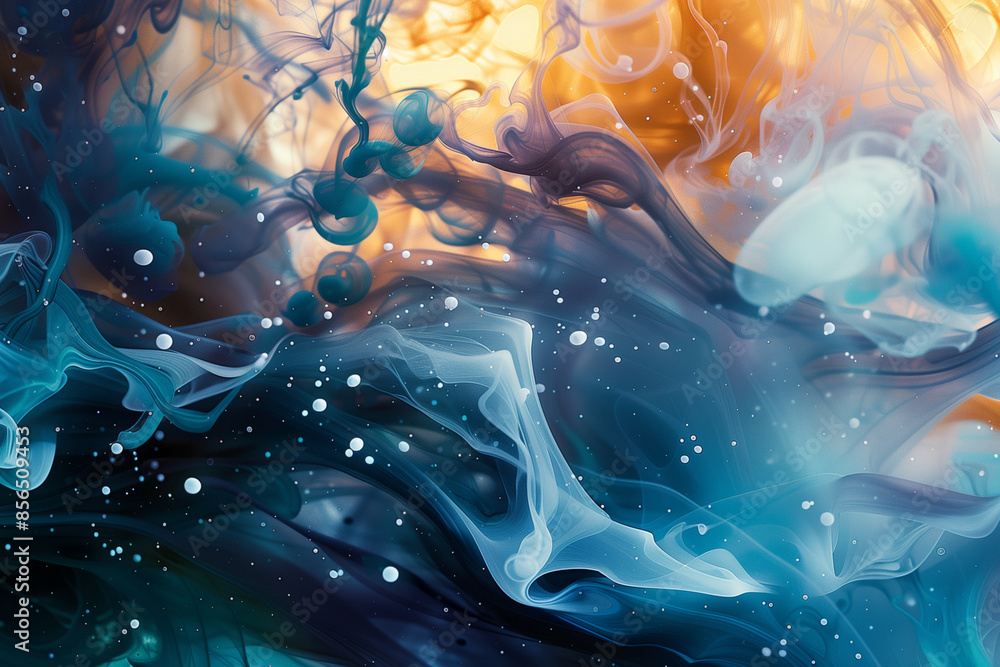 Poster a blurry image of steam and smoke with a swirl of liquid in the middle. the image has a dreamy, ethe