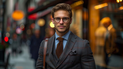 Obraz premium Urban Ascent: The Successful Male's Morning Commute in High-End Suit with Briefcase and Glasses, Exuding Confidence and Professional Ambition in the Business District