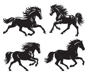 Running horse black silhouette set. Vector illustration