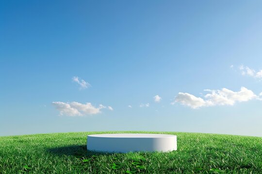 White podium on the grass field backdrop blue sky