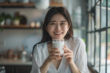 Young Asian woman holding a glass of milk with a smiling face