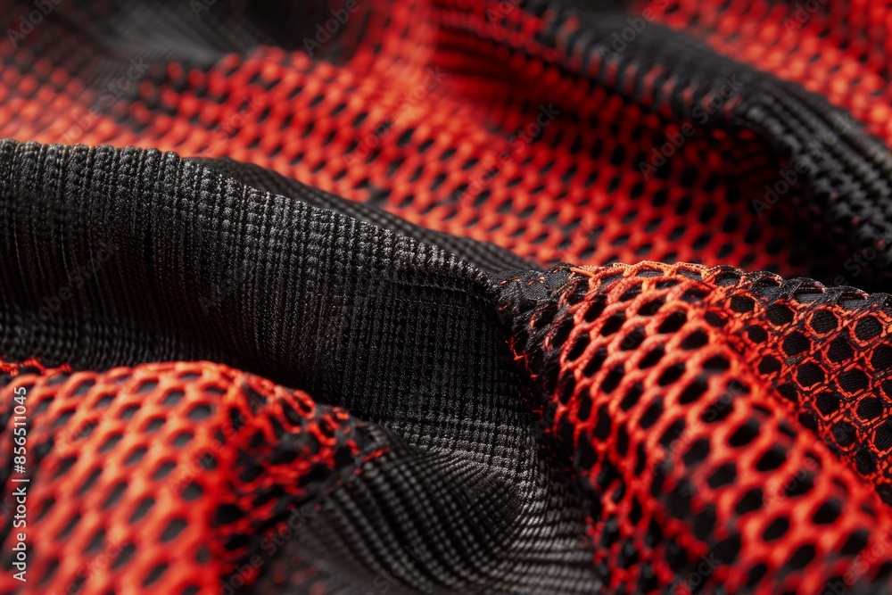 Poster a close up of a red and black fabric with a mesh pattern
